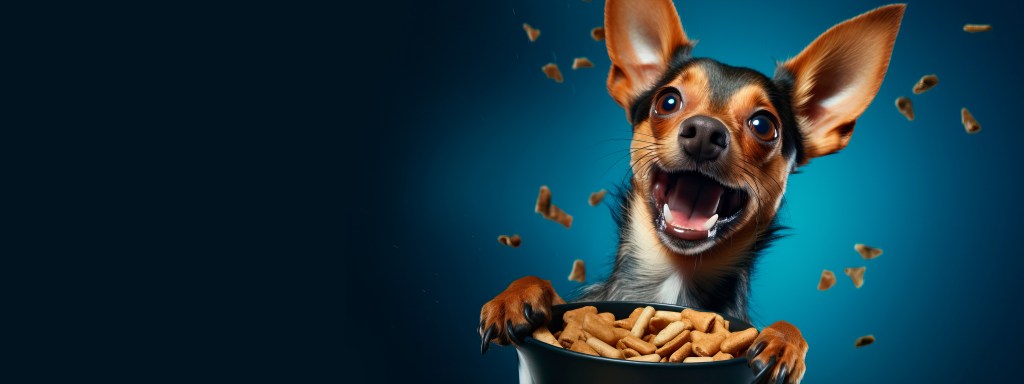 A happy Chihuahua puppy eats from a bowl on blue background. he smiles and looks at the camera, food flies around the puppy.